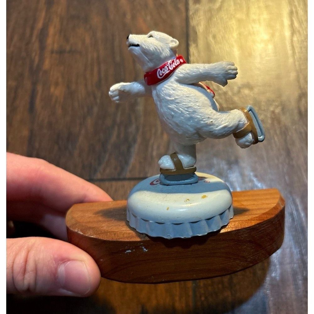 Vintage Coca-Cola Polar Bear Ice Skating Advertising Figurine on Wooden Base